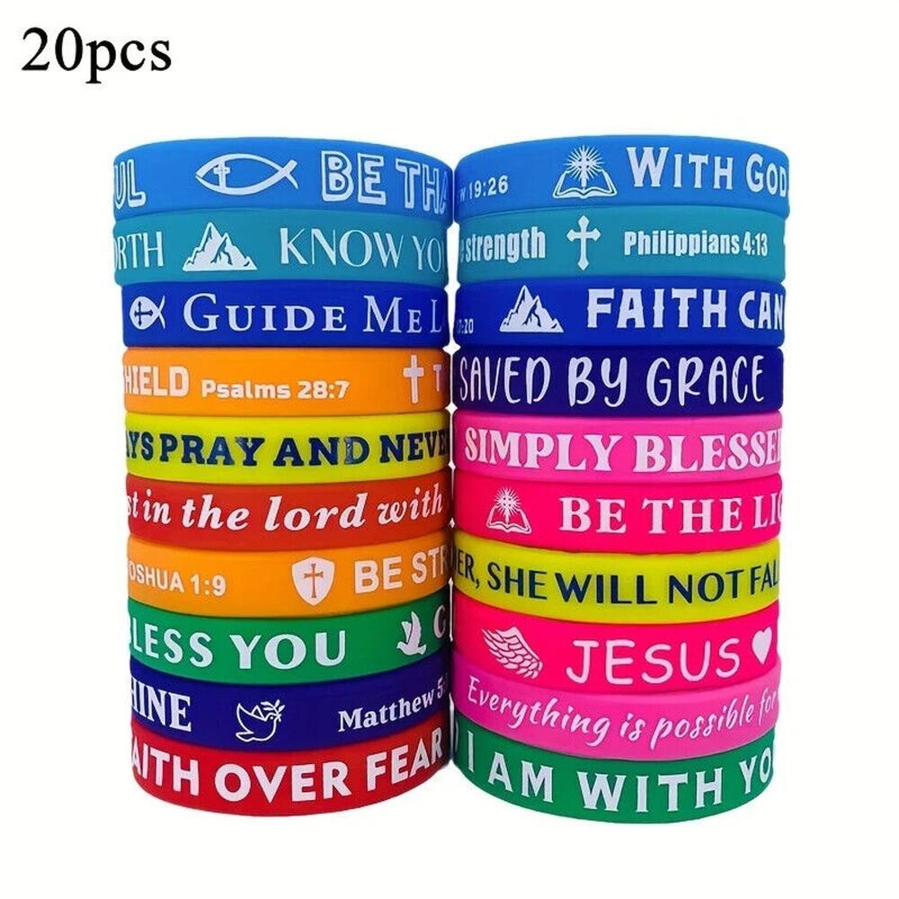 Inspirational Bible Verse Christian Silicone Rubber Bracelets, 20pcs Colorful